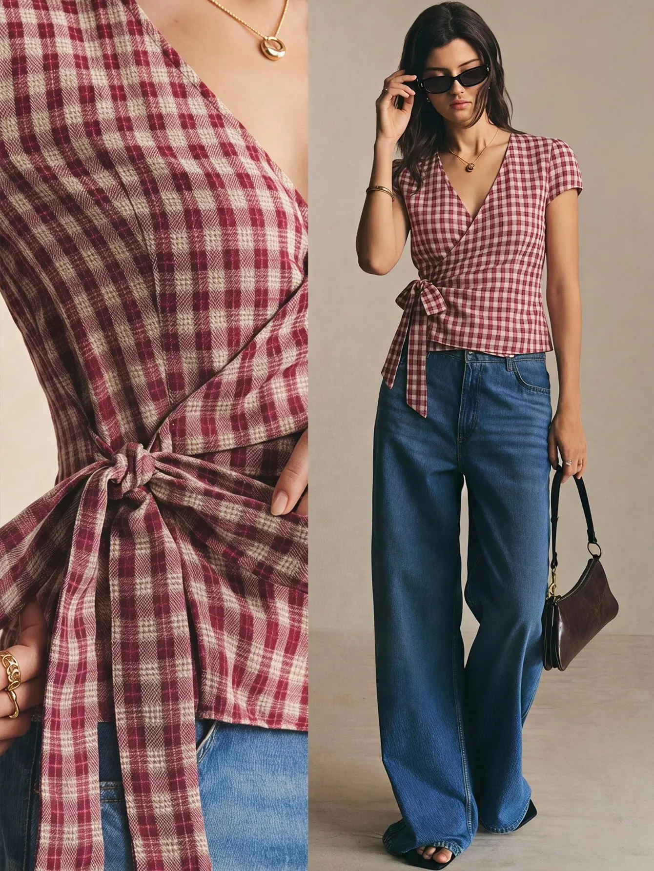 VYNCE Women's Summer Casual Plaid Tie Wrap Shirt Y2K Red Blouse Going Out Top Back To School Trendy Aesthetic