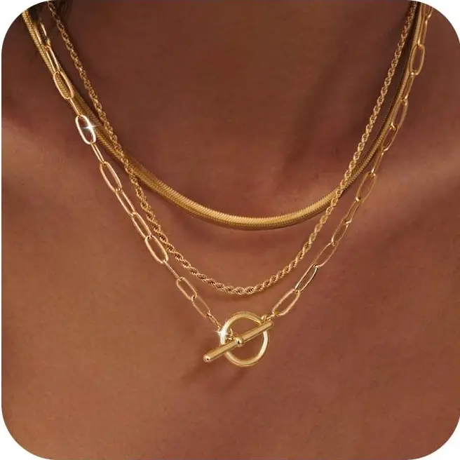 Layered Toggle Necklaces for Women: Dainty Link Chain Necklaces Paperclip Cuban Rope Adjustable Choker T-Bar Toggle Clasp Chunky Necklace for Holiday Gifts Trendy Jewelry