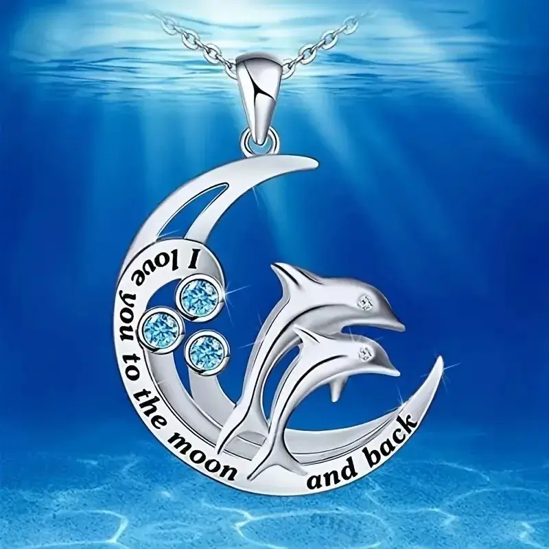 Stunning Dolphin Moon Necklace – “I Love You to the Moon and Back” Pendant with Sparkling Blue Crystals – Perfect Gift for Her, Mom, Daughter, Wife – Ocean Jewelry, Romantic Birthday Gift, Anniversary Surprise, Sentimental Keepsake, Cute & Unique!