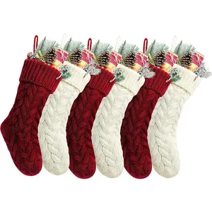 Pack 6,18" Unique Burgundy and Ivory White Knit Christmas Stockings Style3