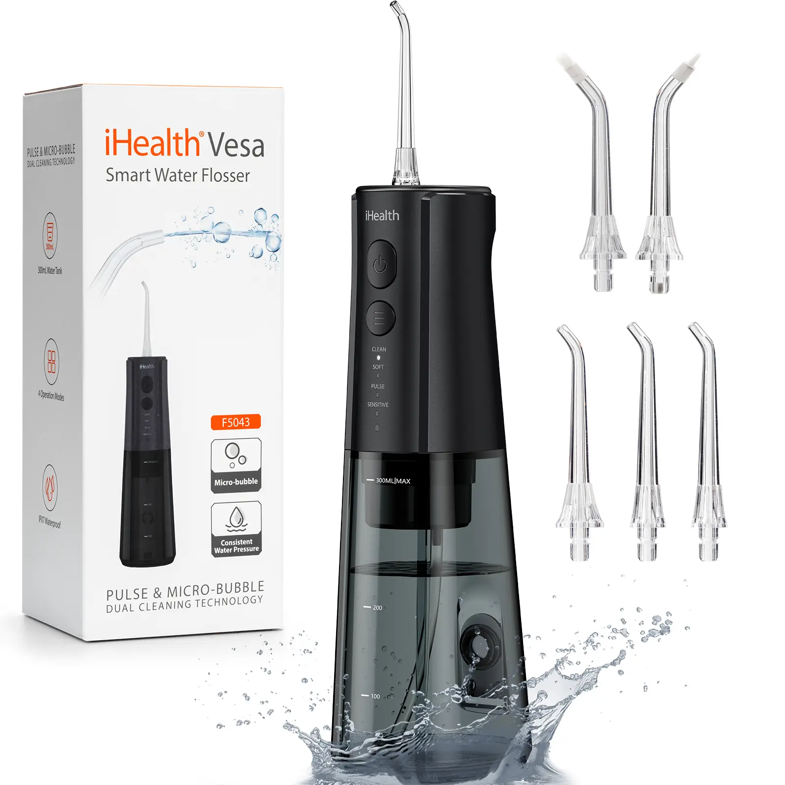 iHealth Water Dental Flosser, Rechargeable Portable Oral Irrigator with Microbubble Cleansing, 300ML Tank, 4 Modes, 5 Tips, IPX7 Waterproof for Daily Gum Care