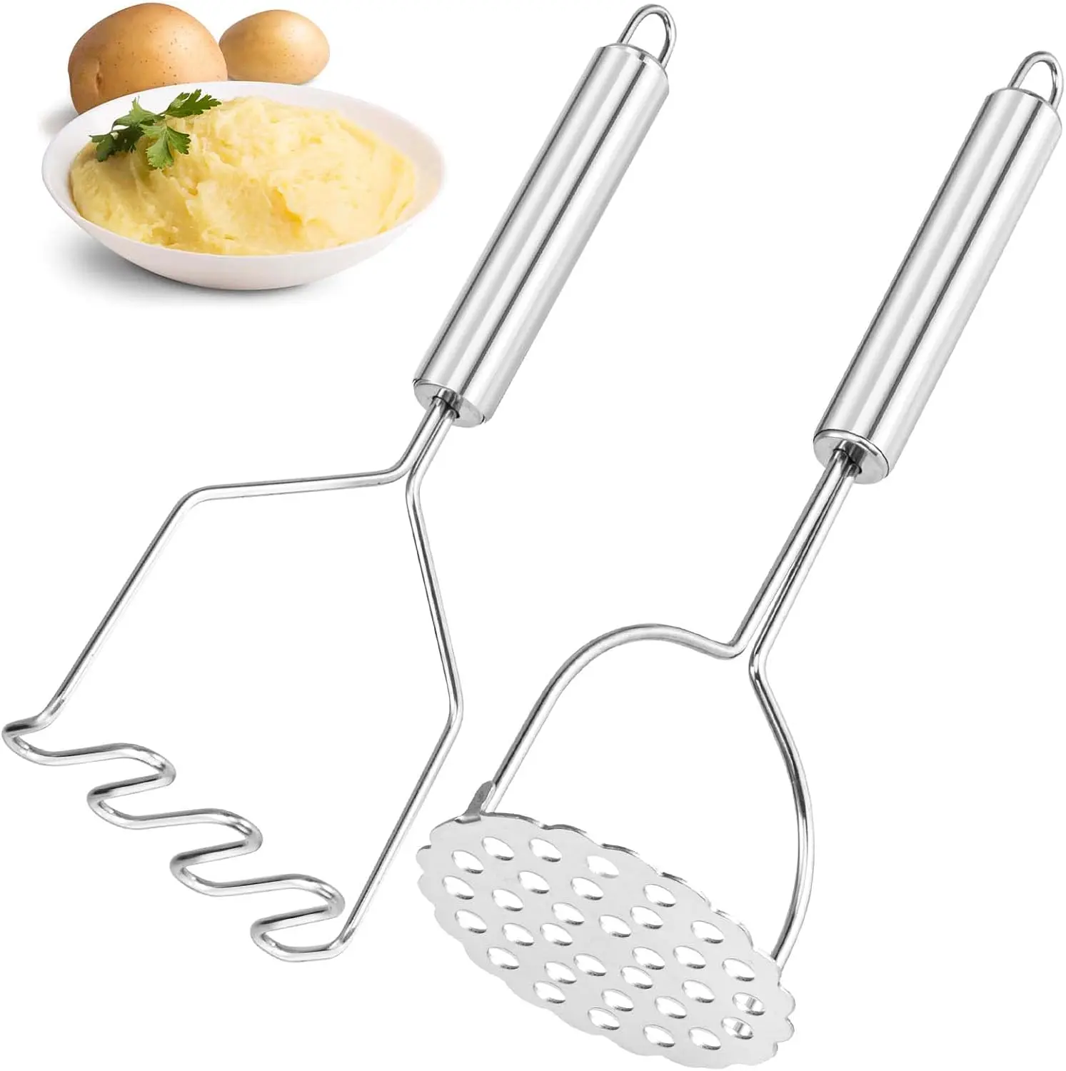 2 Pcs Potato Smasher, Mashed Potato Masher, Stainless Steel Masher Kitchen Tool for Avocado, Bean, Fruit, Vegetables, Food