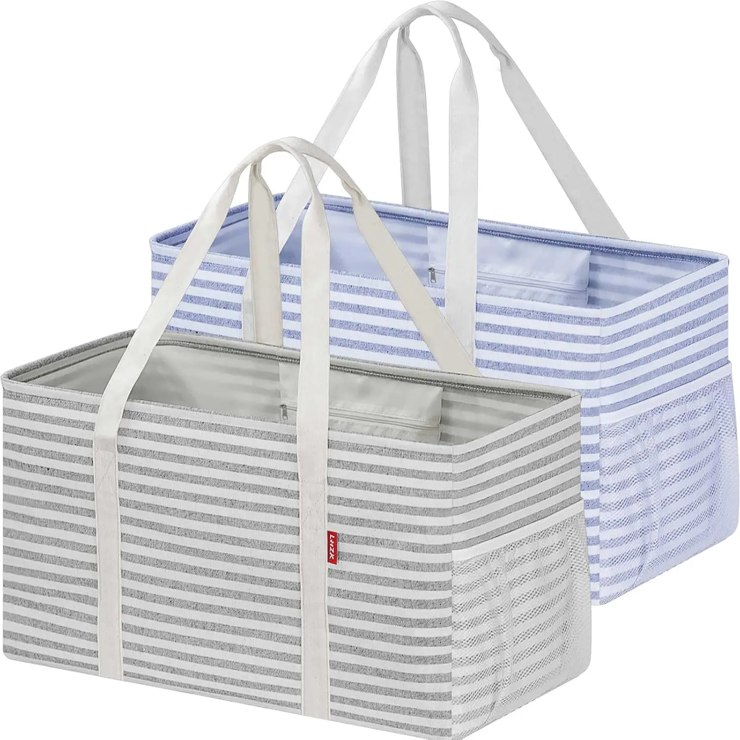 2 Pack Structured Tote Bags, Large 46L Foldable Grocery Baskets with Hard Bottom & Wire Frame, Waterproof for, Laundry & Beach