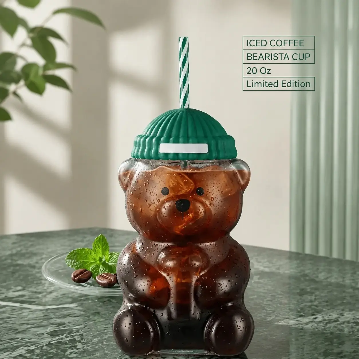2026 Limited Edition "Barista Bear" Tumbler — 590ml reusable/washable cold-drink cup featuring a mascot design; available in green or pink; an ideal gift for coffee lovers.