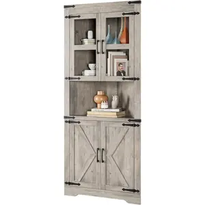 67-Inch Tall Farmhouse Triangle Corner Engineered Wood Storage Cabinet, Freestanding Home Organizer with Glass Doors, Adjustable Shelves, Easy Setup Space-Saving Unit for Bathroom, Kitchen, Farmhouse Corner Cabinet