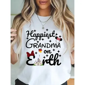 100% Cotton Women'SGraphic T-Shirt -  Short Sleeve Crew Neck Casual Tee With "Happiest Grandma On Earth" Print, Mickey Ears & Stars Design - Mother'S Day Gift, Spring Summer Machine Washable, Spring Summer Apparel |   Cas Golf Gift T-Shirt For Men And Wom
