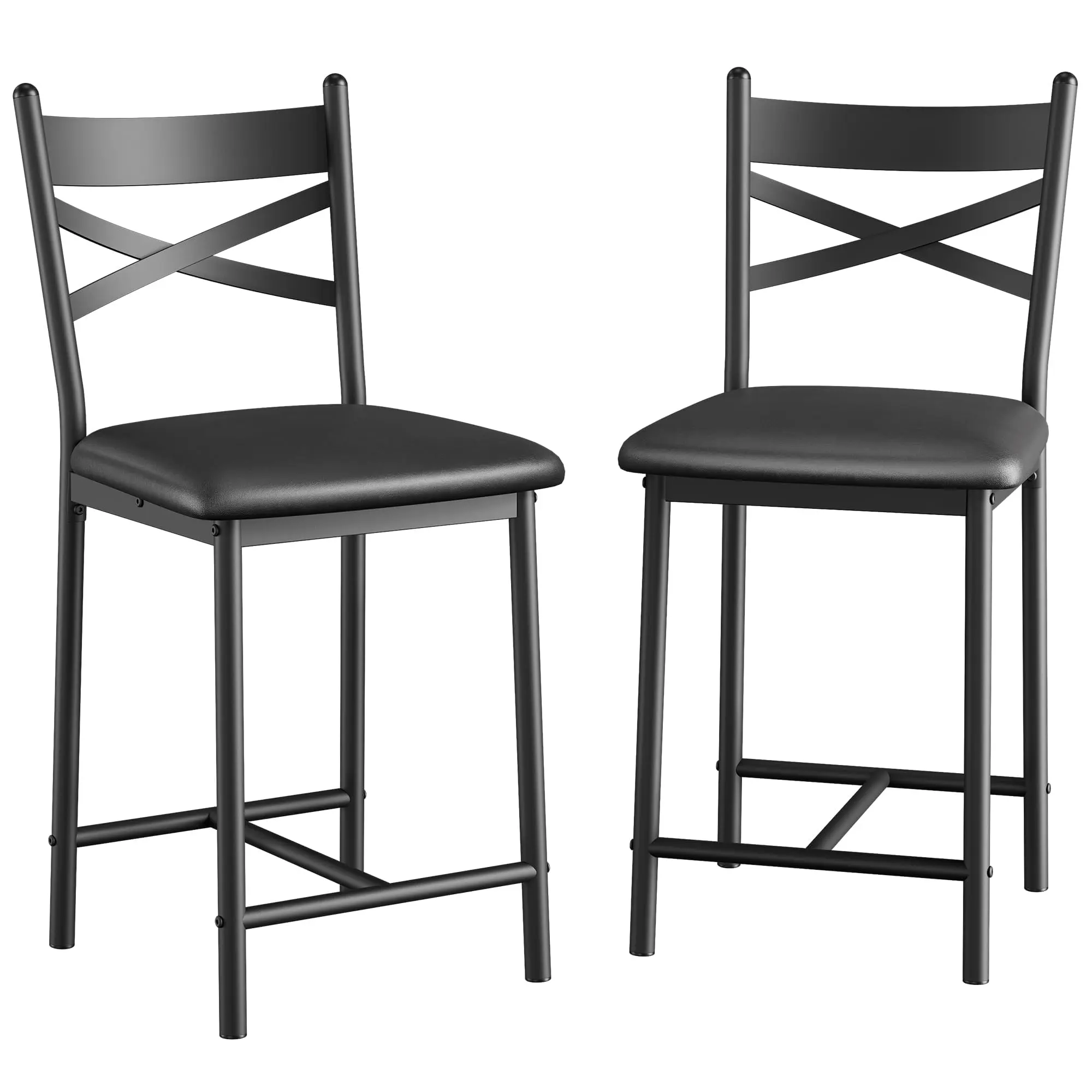 Garvee Bar Stools Set of 2, Counter Height Bar Stools with PU Upholstered Seat, Metal Frame Kitchen Bar Chairs with X-Design Back and Footrest for Kitchen Island, Counter Bar, Dining Room, 26" Black
