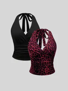 Trendy Style Leopard Print & Solid Color Casual Fitted Halter Top Set, Perfect for Spring Summer Fall, Versatile Two-Piece Design