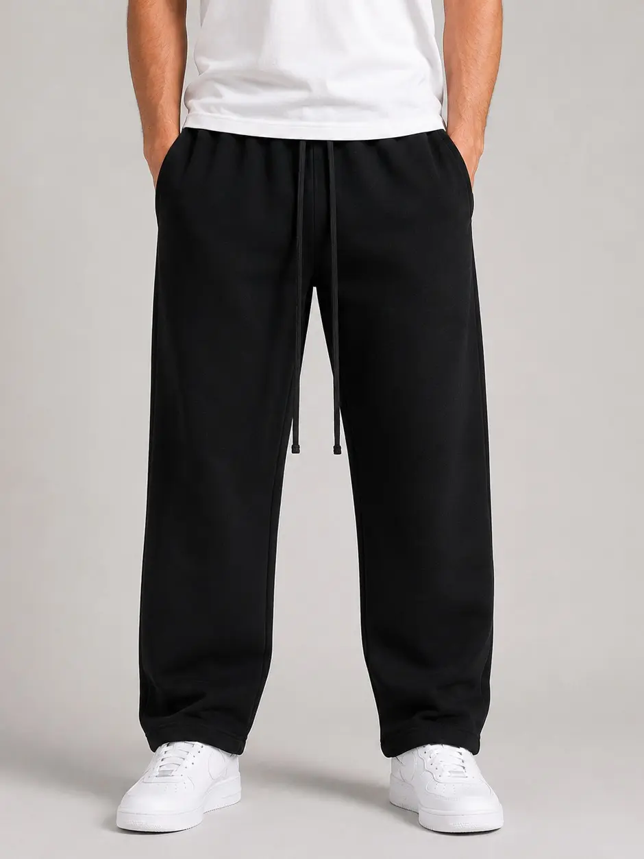 Men's Uncuffed Black Sweatpants, Casual Straight Leg Lounge Pants with Drawstring Elastic Waist & Side Pockets, Solid Color Gym Workout Streetwear Pants