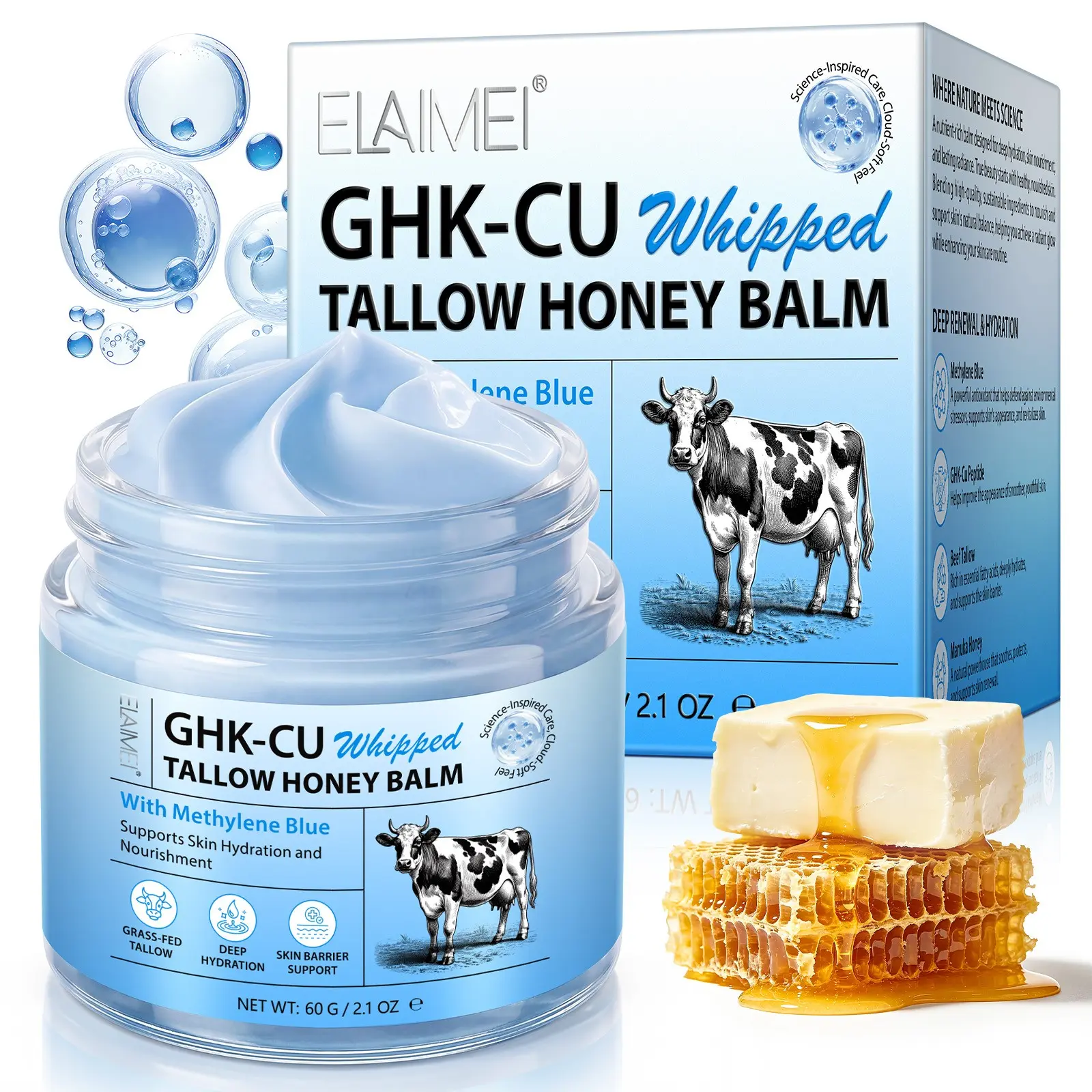 ELAIMEI Copper Peptide Shea Butter Moisturizing Cream 60g, containing GHK-CU and methylene blue, hydrates and nourishes the skin, leaving it refreshed and revitalized, softening fine lines and creating a radiant complexion, Moisture Nourishment