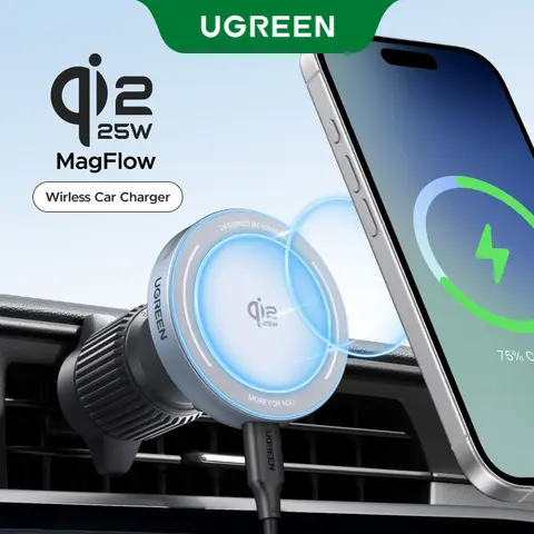 UGREEN Qi2 25W MagFlow Wireless Magnetic Car Charger with Holder, 25W Power Fast Charging Solution, Air Vent Mount, USB-C Cable, MagSafe Compatible for iPhone 17/16/15/14/13/12 Series, No Extra Parts Needed