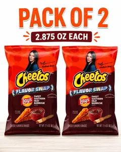 Pack of 2 - 2.875 oz each bag of Cheetos Cheese Flavored Snacks, Lay’s Flavor Swap Sweet Southern Heat BBQ, (81.5 OZ each), Crunchy​ Cheese, viral, chips, Madison Beer