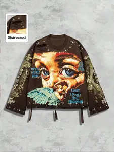 Men's Vintage Street Style Saint Graphic Print Long Sleeve Round Neck T-Shirt Streetwear, Loose-Fitting Short Fit, Fall 2000s Fashion