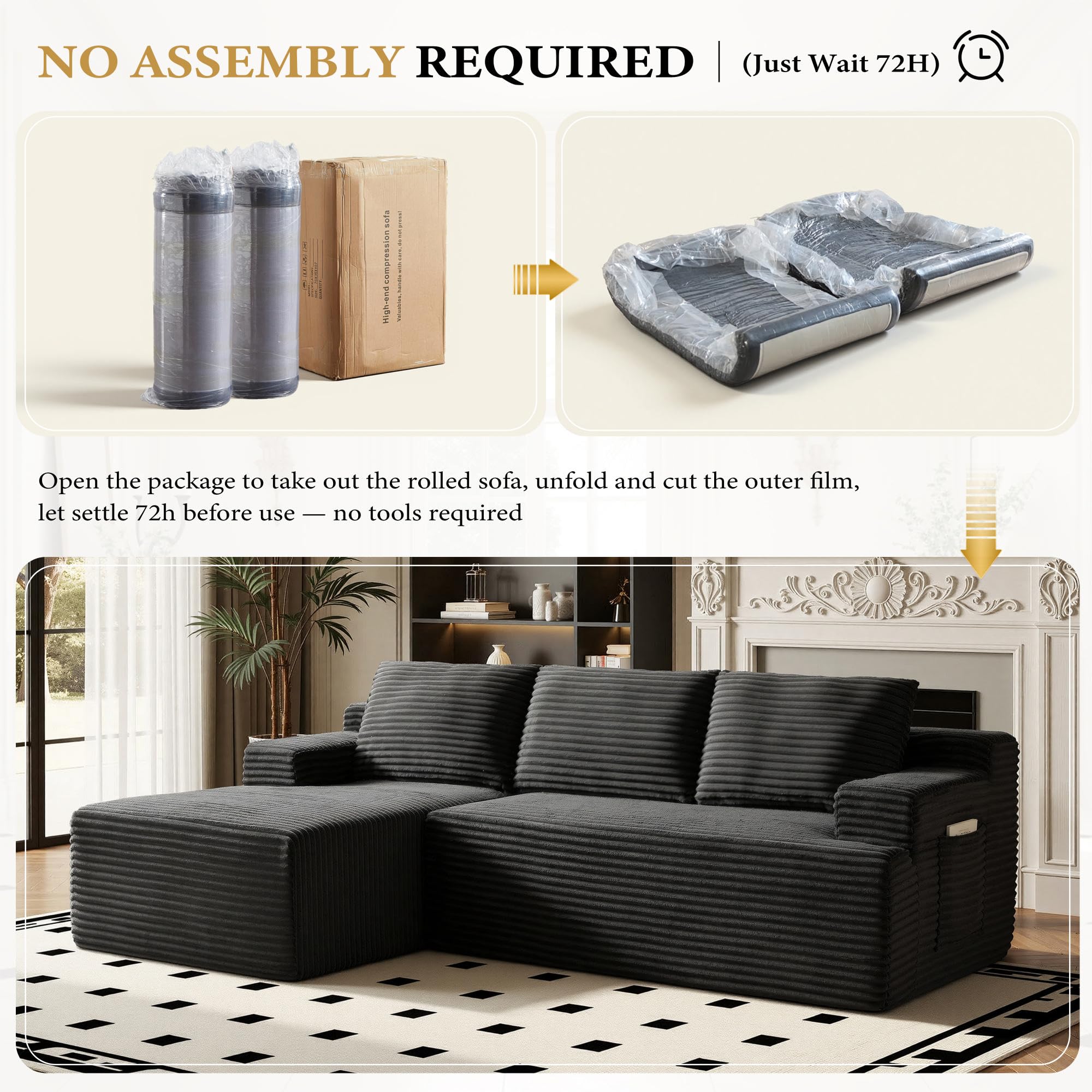 96-Inch L-Shaped Modular Corduroy Sofa with Chaise, Moderate Deep Seat, Vacuum-Packed, No-Assembly Indoor Furniture for Apartments & Condos