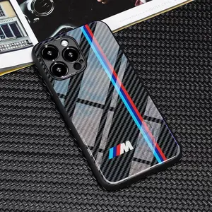 Carbon fiber mirror mobile phone case for iPhone 16/15/14/13 pro/promax glass case classic car logo Cellphone Protector phone cases iphone 16 case iphone 13 cases