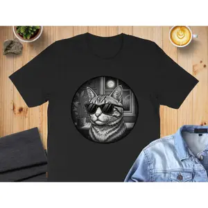 Men's funny and stylish cat with sunglasses, pet lover appeal Graphic T-Shirt - Short Sleeve Crew Neck Regular Fit Casual Wear | Soft & Breathable Fabric, Durable Print, Everyday Comfort, Machine Washable, illustrative and humorous a cozy indoor setting