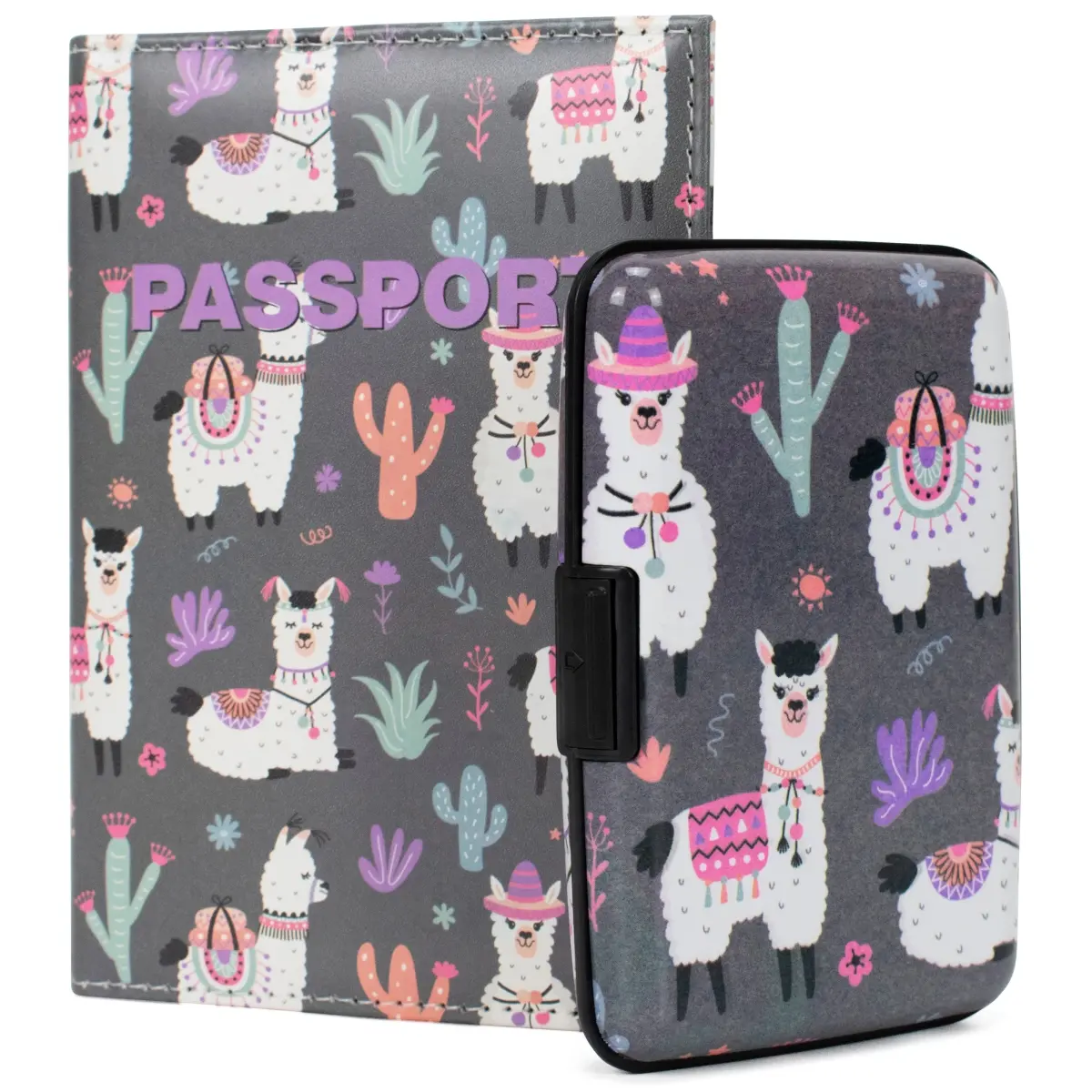 RFID Block Passport Cover & Wallet Set with 360 Stand - Miami CarryOn Design, Llama Print, Cactus Theme - Plastic Travel Luggage Accessory, Travel Accessories, Security Item