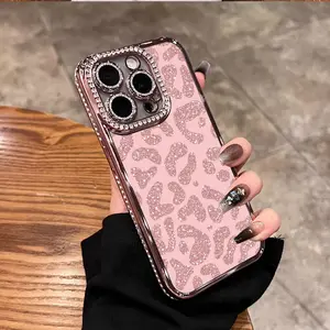 Pink Leopard Print Glitter TPU Corner-Reinforced Protective Case for iPhone 17 Pro Max/16/15/14/13 Pro - Durable & Shockproof Cover Protection