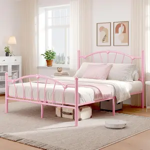 [summervibes] HOMBCK Bed Frame, Girls Bed Frame, Bed Frame with Heart-Shaped Decorative Headboard and Footboard, Heavy Duty Metal Slat Support, No Box Spring Needed, Easy Assembly