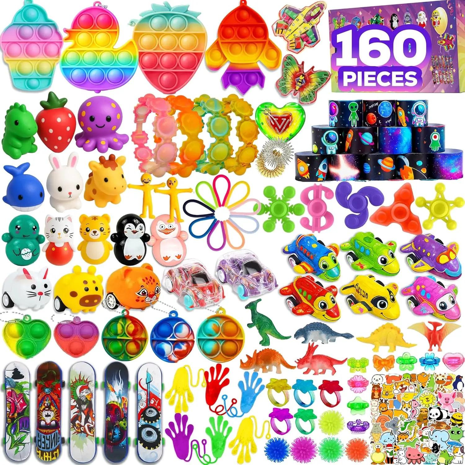 Fidget Toys Assortment 160 Pack - Sensory Toys Bulk for Kids Adults, Pop It Stress Relief Toys, Classroom Prizes, Birthday Party Favors & Pinata Fillers