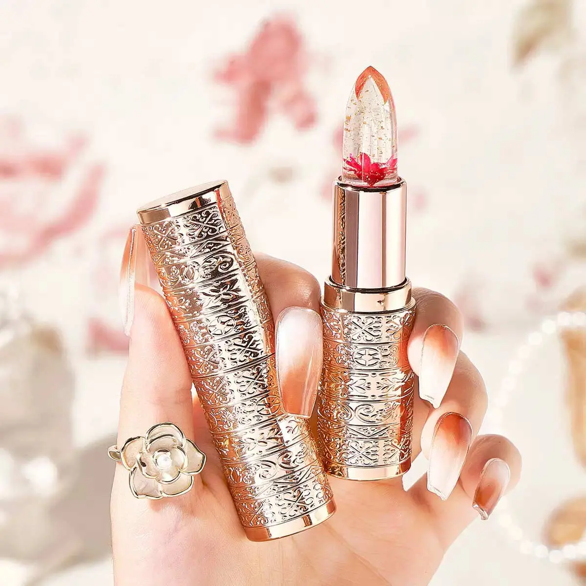 Transparent Petal Color Changing Lipstick Makeup Set Waterproof Long Lasting Moisturizing Lip Tint Temperature Changing Lip Glossy Cosmetic