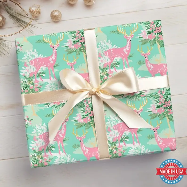 Christmas Fawn Wrapping Paper Roll, Preppy Christmas Wrapping Paper Roll, Pink and Teal Christmas Wrapping Paper
