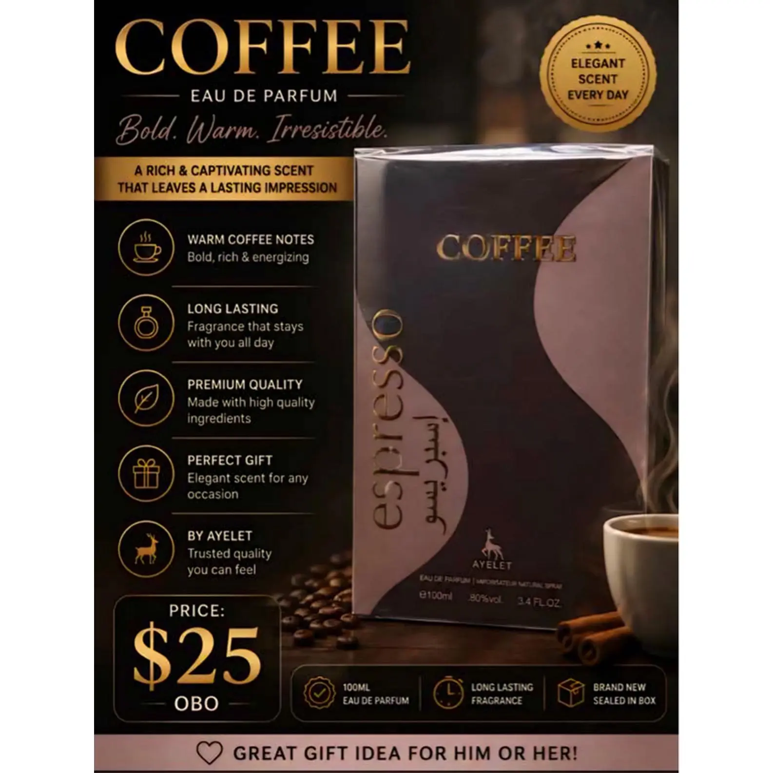Ayelet Coffee Eau de Parfum - Bold Warm Irresistible Scent with Long Lasting Fragrance 100ml Perfect Gift for Him or Her