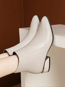 Fashion Pointed Toe New Short Boots Women, Chunky Heel Mid-Calf Spring Autumn Single Boot, Comfortable Zipper Soft Leather Rubber Boots, Footwear