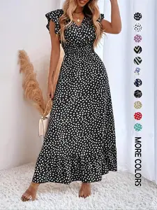 Women's Spring Summer Fashion Floral V Neck Ruffle Waist Slim Boho Dress, Long Cap Sleeve Fitted Wrap Dress for Vacation