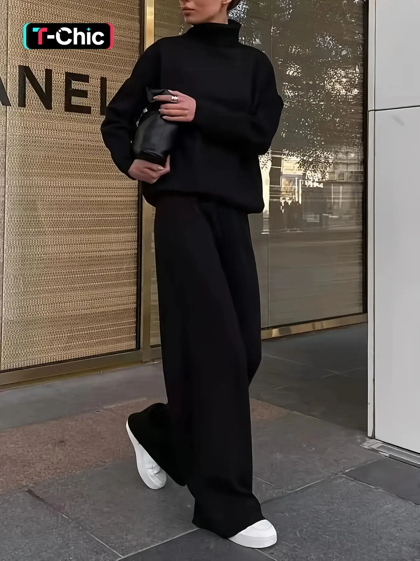 Women's Solid Turtleneck High Neck Tops & Wide Leg Pants Set, Loose Cozy Stretchy Long Sleeve Top & Trousers for Daily Casual Occasion Wear, Fall Clothes, 2 Piece Set, Knit Casual Set