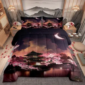 Japanese Style Comforter Set,Moon Cherry Blossom Bedding Set,Romantic Night Sky Scenery Quilt Set for Kids Teens Girls Women Room Decor Exotic Pink Duvet Insert