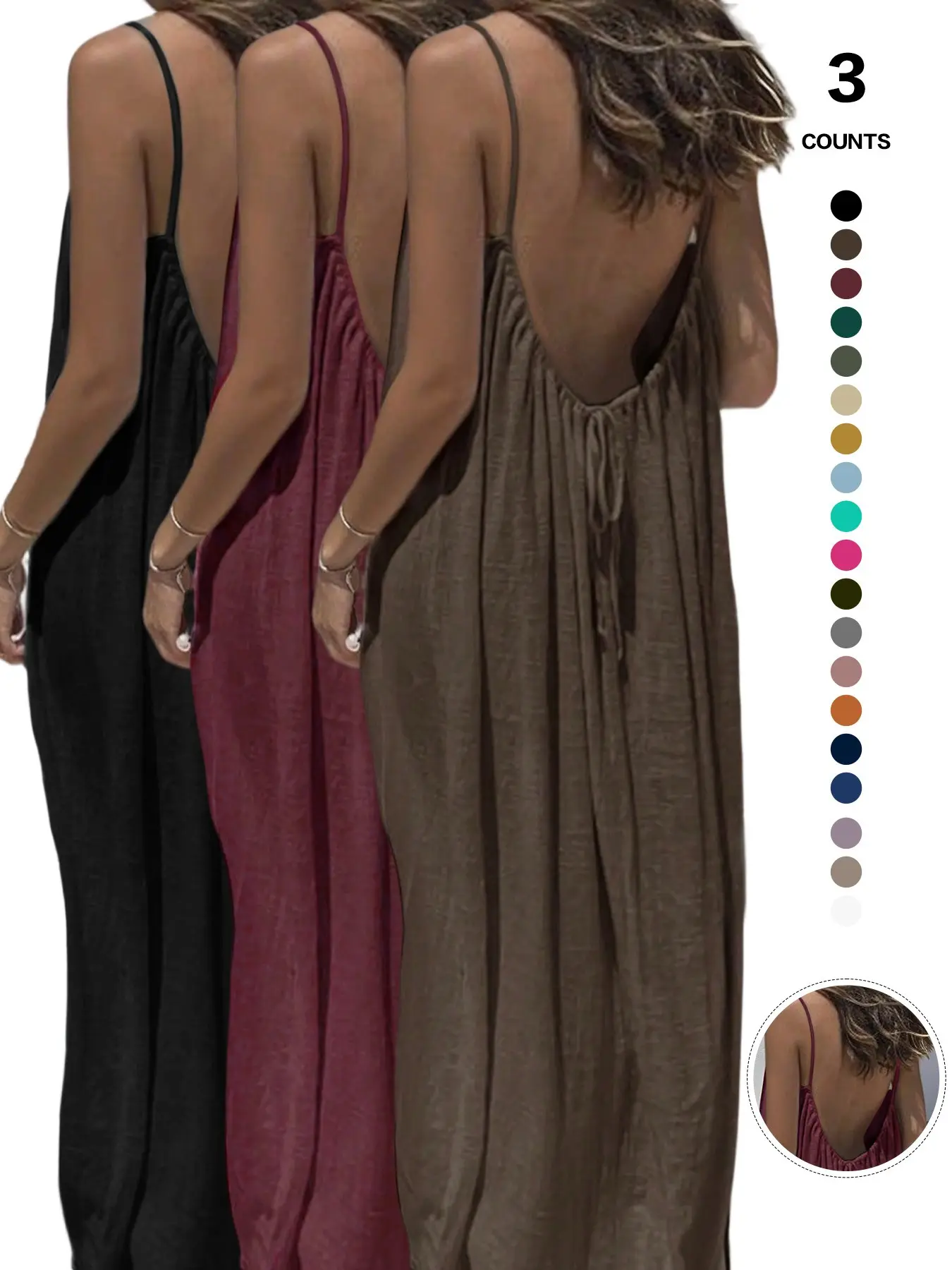 3-Pack Women's Open-Back Spaghetti Strap Sleeveless Maxi Dress, Loose Flowy Casual Backless Summer Beach Vacation Sundress Lightweight Casual Wear