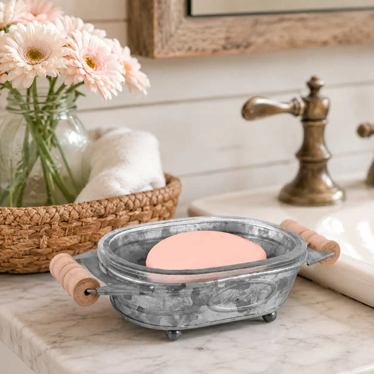 Autumn Alley Farmhouse Soap Dish with Rustic Wooden Handles
