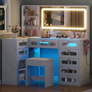 HuaYing Luxury Makeup Vanity Desk with LED Mirror & Clear Drawers, Modern Dressing Table with Stool for Bedroom