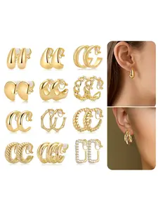 12 Pairs Clip on Earrings for Women 14K Gold Silver Plated Chunky Non-Pierced Hoop Earring Waterdrop Tear Drop Earring Twist Tube Croissant Bamboo Hoop Earrings Clips Fake Earrings Jewelry Set