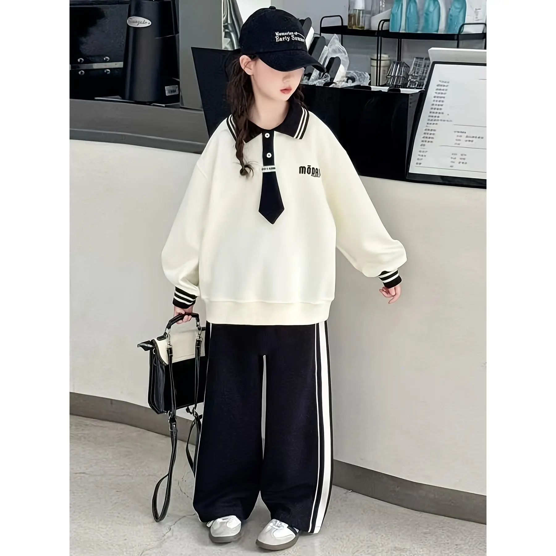 Girls' College Style Sweatsuit Set with Faux Collar & Tie Belt Loose Fit Long Sleeve Pullover & Wide-Leg Pants Striped Casual Outfit for Spring Fall Outdoor
