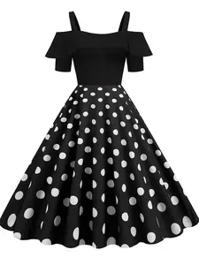 1950s Retro A-Line Midi, Off-Shoulder Ruffle Design, Vintage Polka Dot Cold Shoulder Swing Dress, High-Waisted