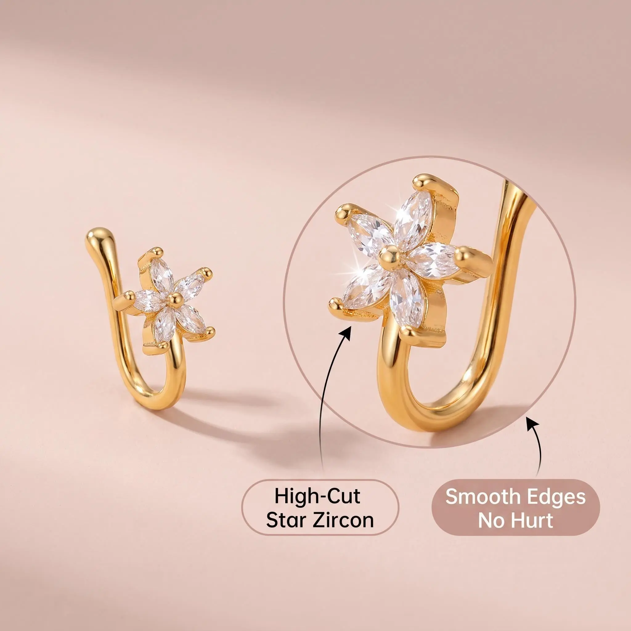 Non-piercing star-shaped zirconia nose clip—no-pain, adjustable fake nose ring jewelry for men and women, suitable for everyday wear and parties; sparkling star blossom fake nose clip, no-prick, no-pain U-shaped adjustable nose clip, no-prick nose ring, b