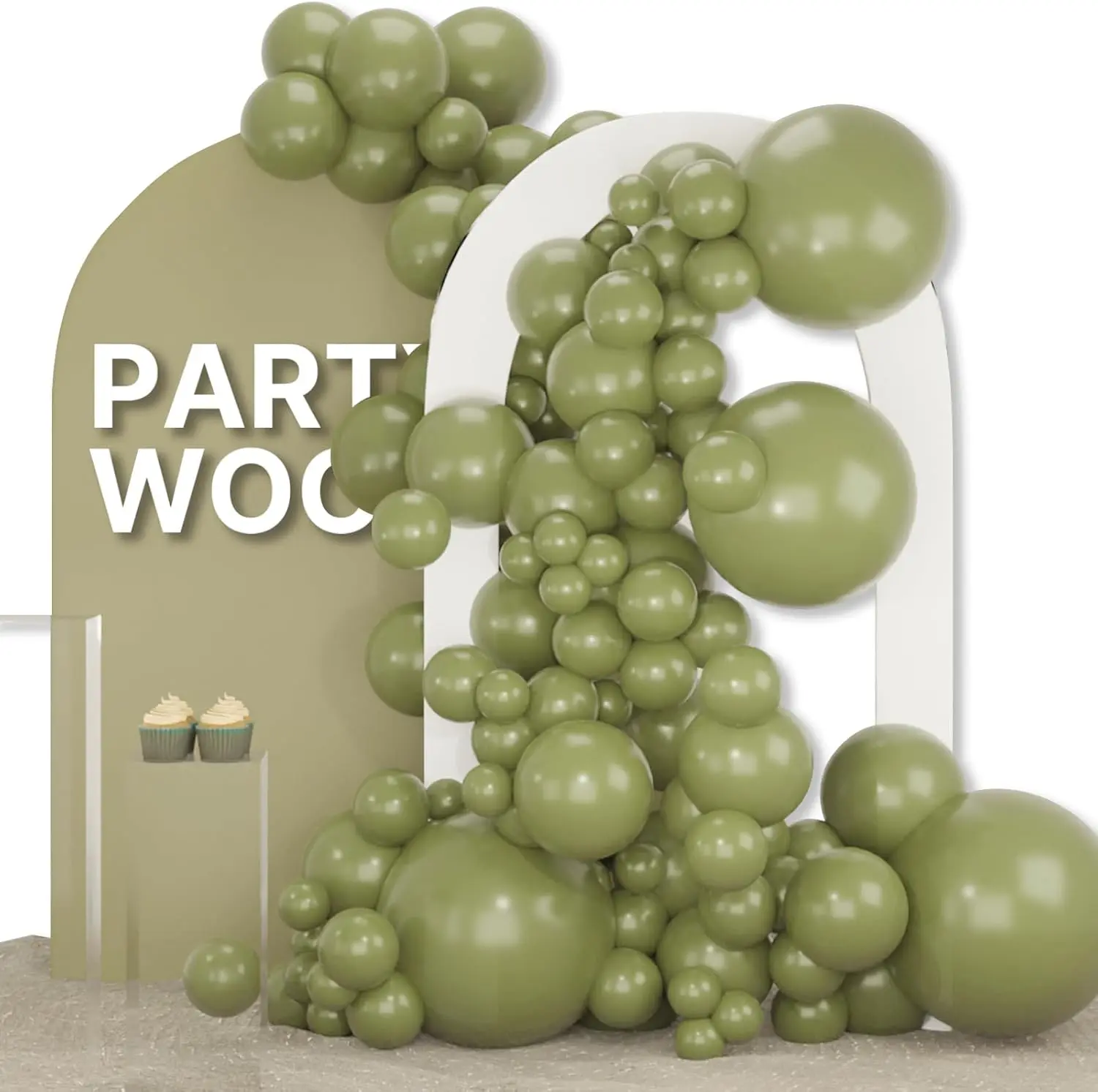 PartyWoo Thick Round Rubber Sage Green Balloon Arch & Garland Kit, 155pcs 18/12/10/5 Inch Olive Boho Latex Balloons for Wedding, Dinosaur Theme Party Decorations Green-F11