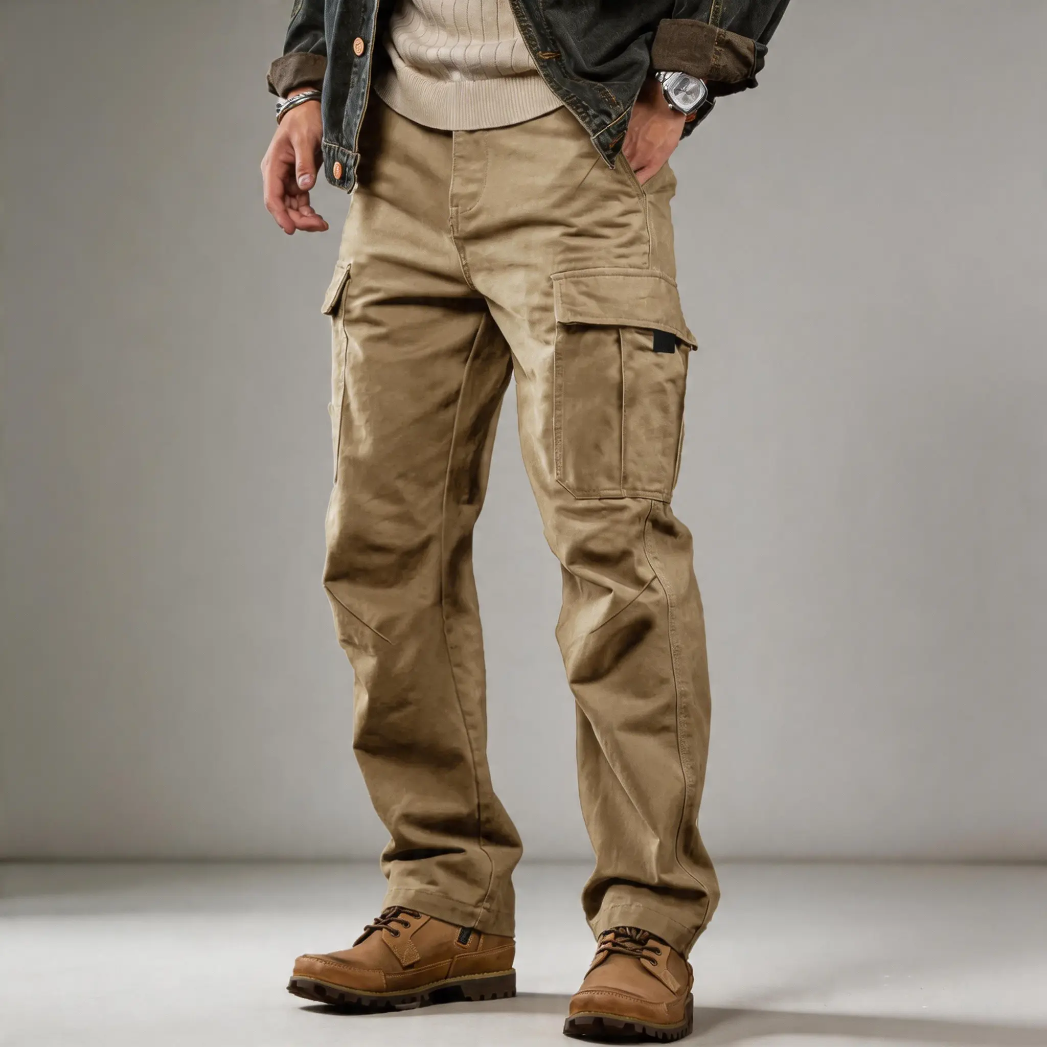 Men’s rugged workwear pants — straight-leg casual cargo pants with multiple pockets, vintage washed distressed finish, Classic, Menswear
