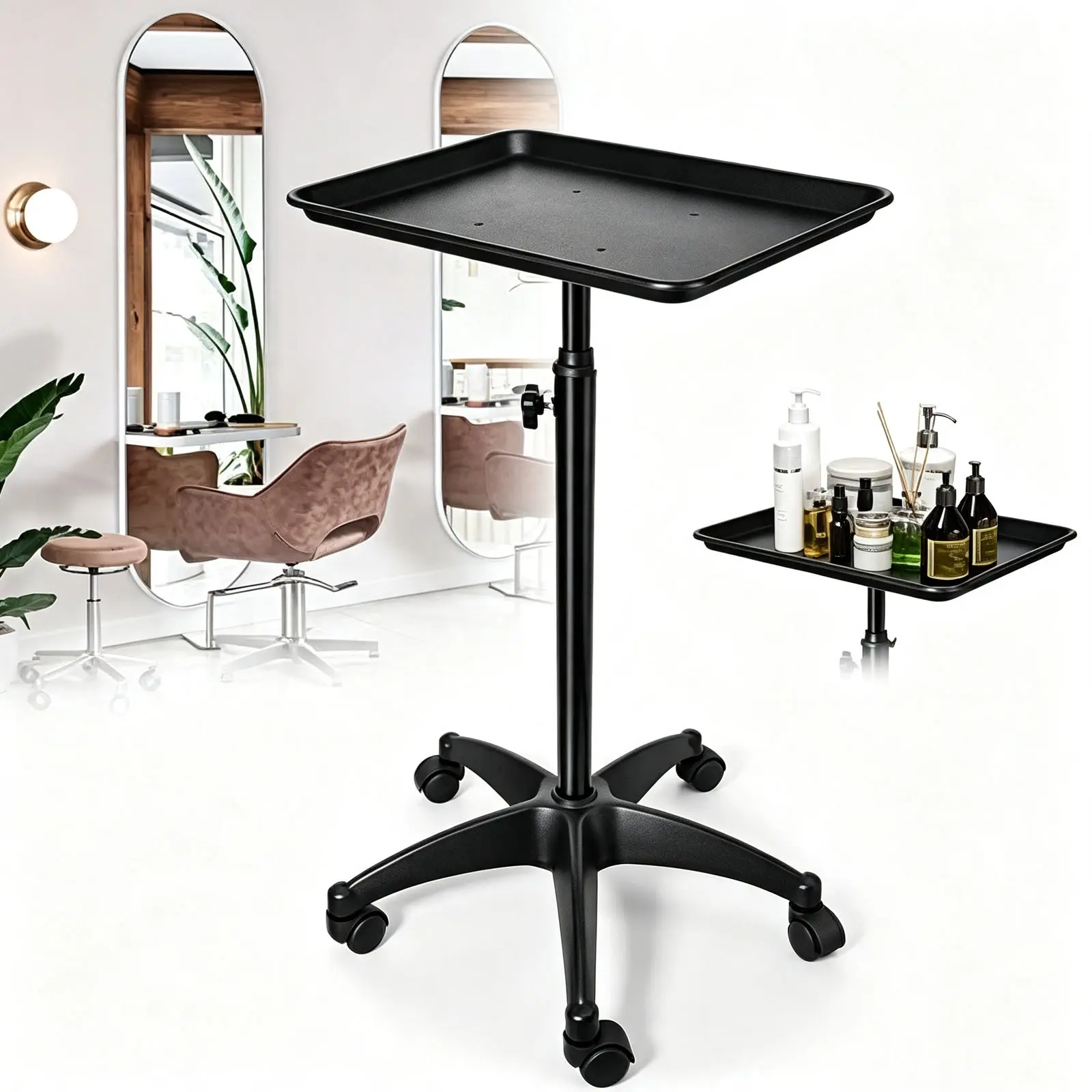 Salon Tray Cart with Storage Platform, Aluminum Tattoo Tray on Wheels, Hairstylist Service Rolling Trolley Adjustable Height Storage Utility Cart for Salon & Spa Use