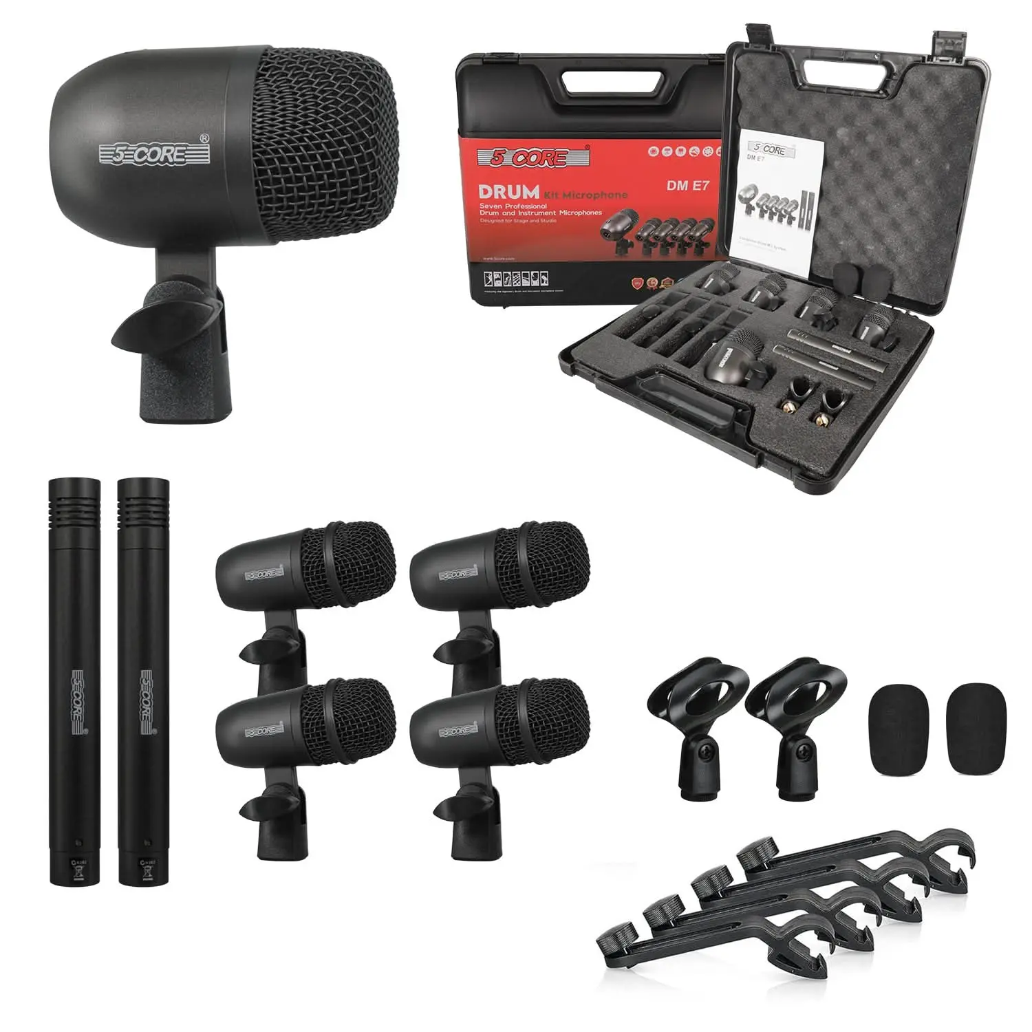 5 Core Drum Microphone Kit 7 Piece All Metal Drummer Instrument Mics Tom/Snare & Cymbals Set