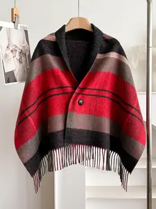 Vintage Plaid Fringed Shawl with Buckle, Versatile Women’s Warm Fashion Scarf, Perfect Lightweight Cape for Autumn & Winter, Shawl Wrap