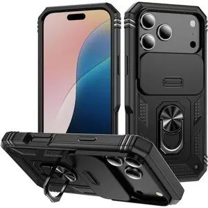 with iPhone 17 Pro Max Case 360° Metal Rotated Ring Holder Kickstand【Slide Camera Cover 】 Military - Grade Protection for 17 Pro Max 6.9 '' Phone Case Black