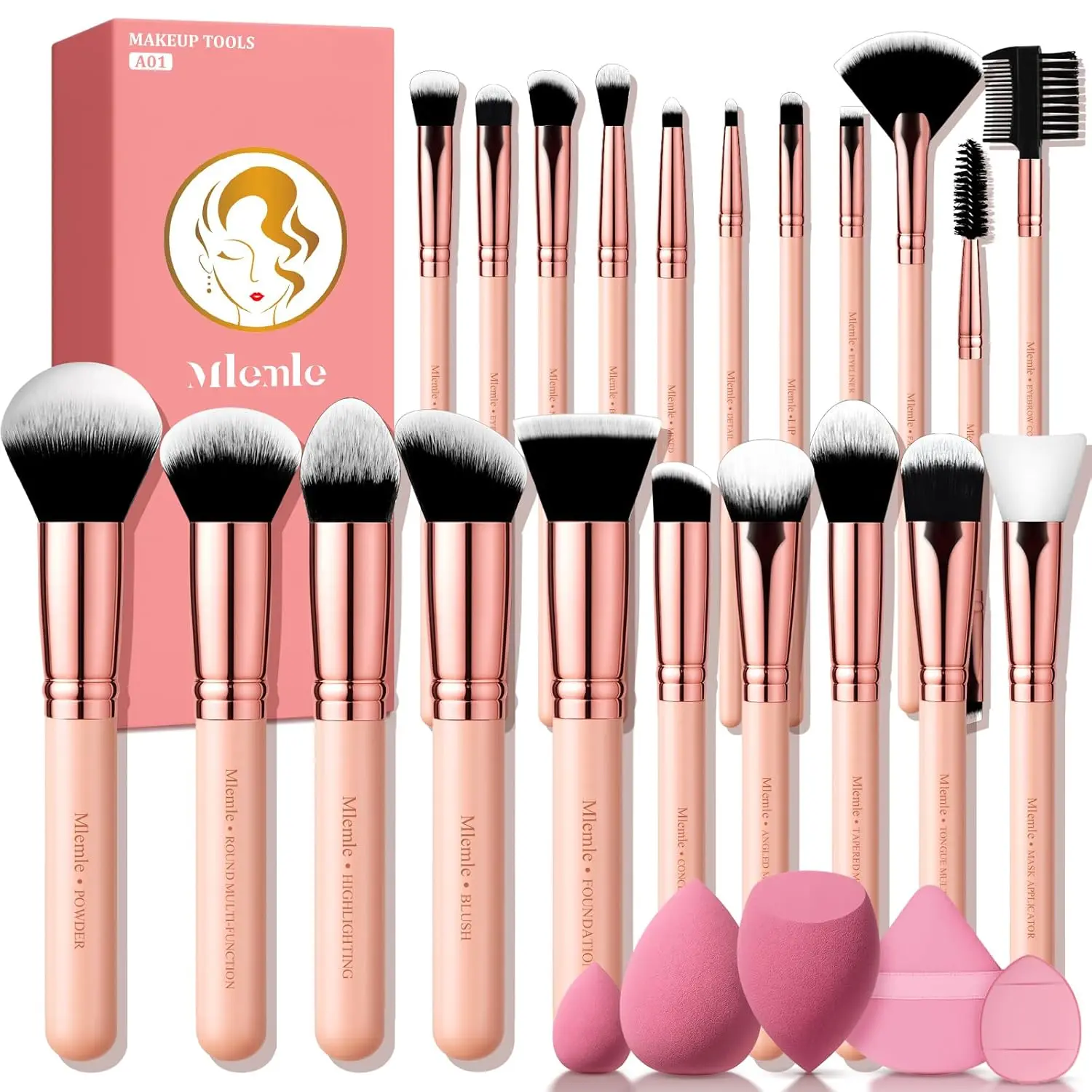 26 Pcs Makeup Brushes Set, Professional Makeup Kit, Include Powder Foundation Concealers Blush Eye shadows Eyebrow 21 Pcs Makeup Brushes and 2 Powder Puff, 3 Makeup Sponge(A01-Pink)