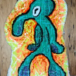 Squid Painting Handmade Tufted Rug 18x14in Vibrant  Design for Home decor