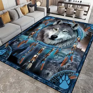 1pc Southwestern Native American Wolf Area Mat Non-Slip Machine-Made Polyester Mat with Turquoise & Tribal Design Hand Wash Only for Indoor/outdoor Living Room Bedroom Hallway Bathroom Decor