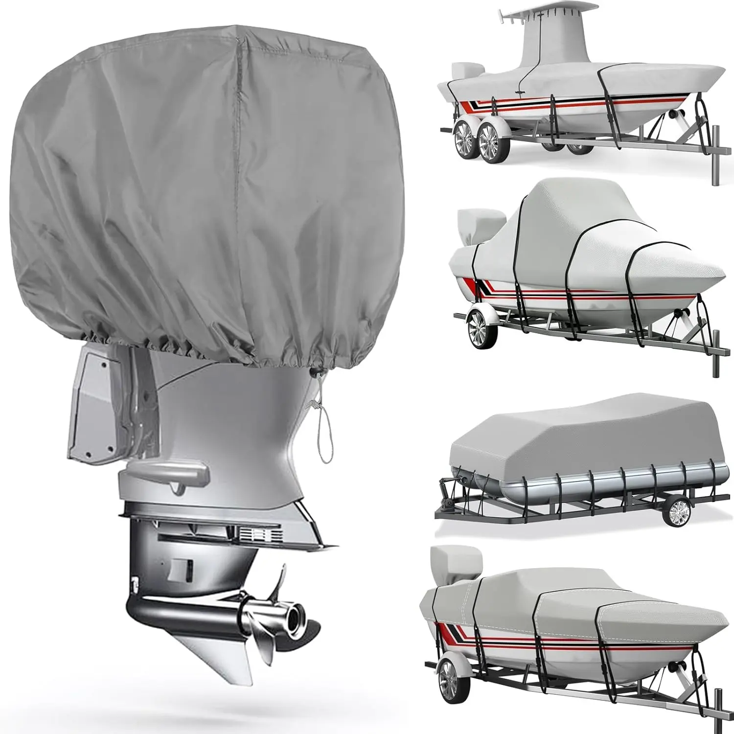 Dikasun Outboard Motor Cover, 600D Heavy Duty Waterproof Boat Motor Cover, Boat Engine Covers for Motor 50-115 HP, Grey