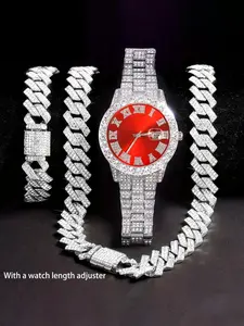 Men's Hip Hop Punk Style Watch Set, Including Watch & Cuban Chain Necklace & Bracelet, Fashionable Jewelry Set for Party, Daily Decor, Exquisite Watch Set for Gift