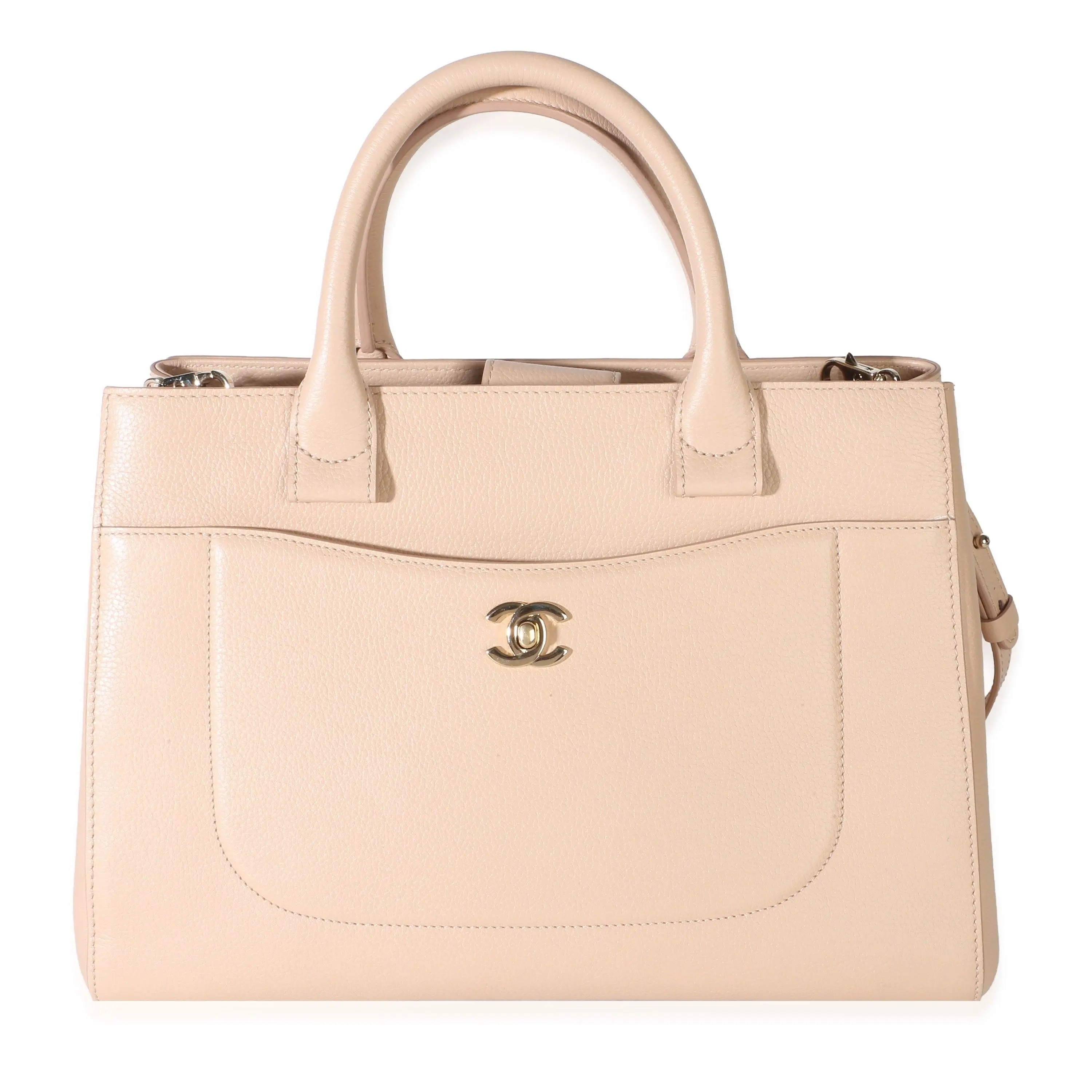 Pre-owned CHANEL Leather Top Handle NY157991 Light Beige Grained Calfskin Medium Neo Executive Shopper Tote